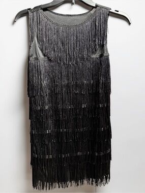 Girls Black 1920s Flapper Fringe Dress Size 7-9 NWOT Gatsby Costume